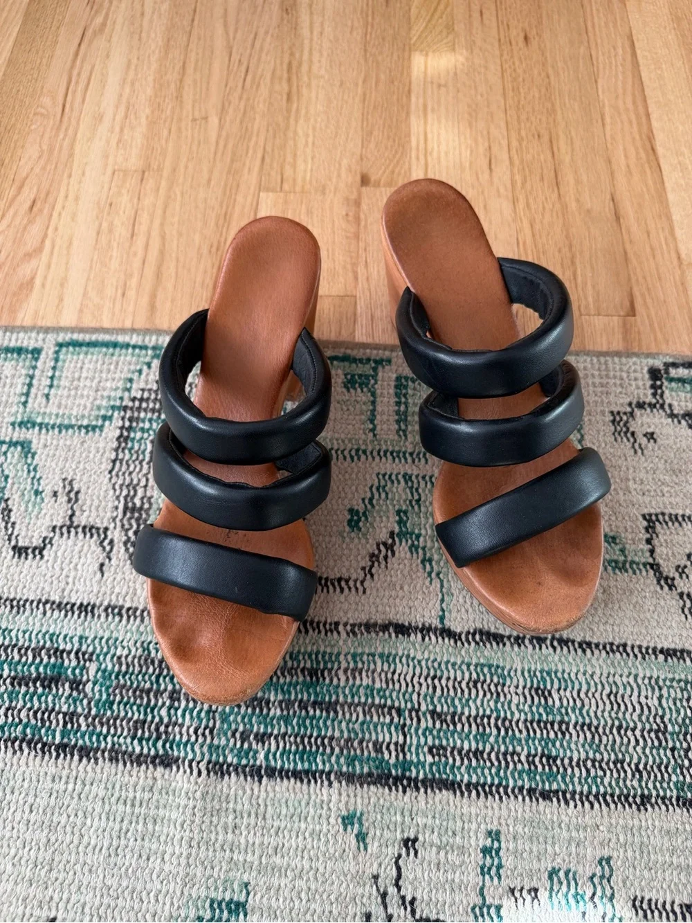Free People Black Leather Triple-Strap Wooden Platform Sandals